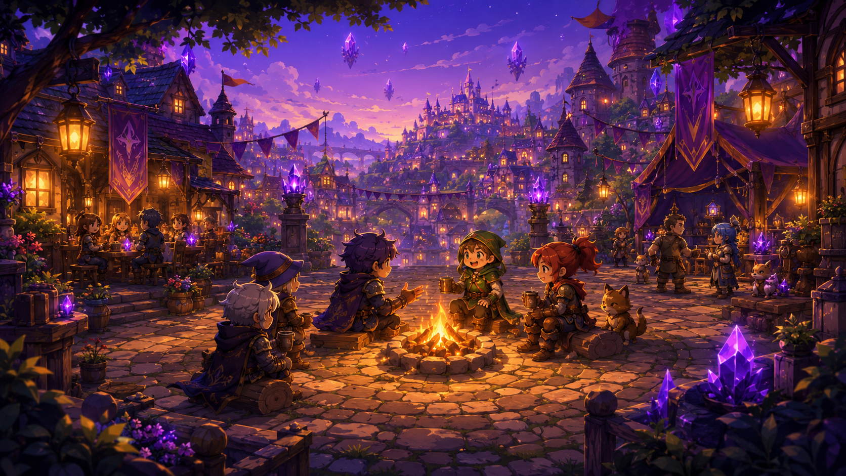 Adventurers gathered around a campfire in Rhythmia
