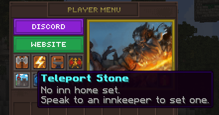 Teleport Stone in the Player Menu showing that no inn home has been set