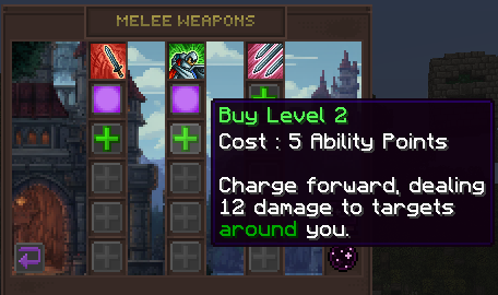 Weapon Skill Tree with green plus buttons used to upgrade skills